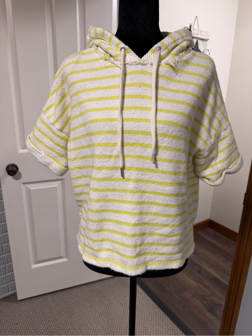 Lou & Grey Neon Yellow Stripe Hooded Knit Sweater Top Small